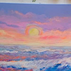 Sea oceanscape Acrylic painting Neon expressionist 16" x 20" canvas stretched